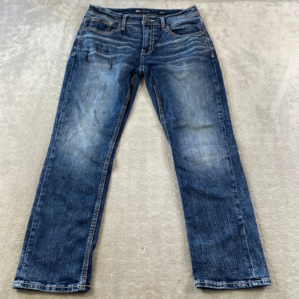 BKE Jeans Jake Straight Mens 33x30 Blue Dark Wash Stretch Denim Whiskers Preppy